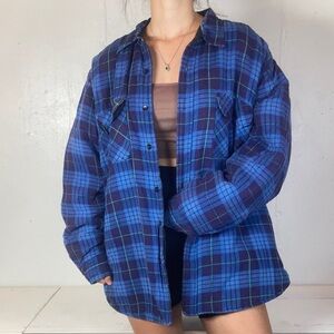 Blue + Purple Quilted Plaid Flannel Shirt Button Down Jacket